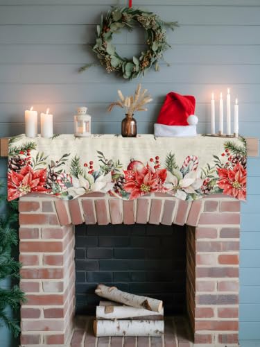 Dayforbarley Christmas Red Poinsettia Mantel Scarf 90x17 Inches with Beige, Green & Red Variation