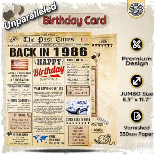 40th Birthday Card Jumbo Vintage 1986 Newspaper Design for Men and Women