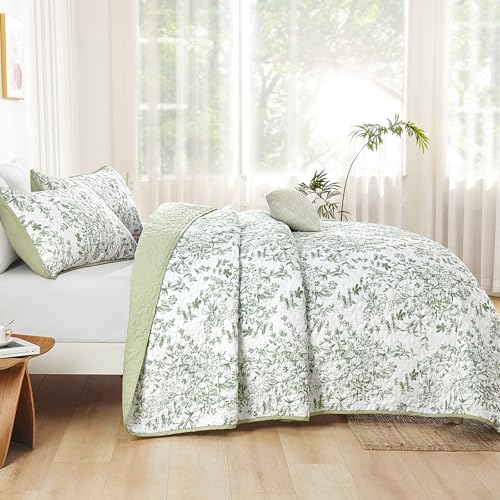 WONGS BEDDING Sage Green Botanical Floral King Quilt Set - 3-Piece Bedspread