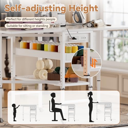 Height Adjustable Folding Sewing & Craft Table with Charging Station, Storage