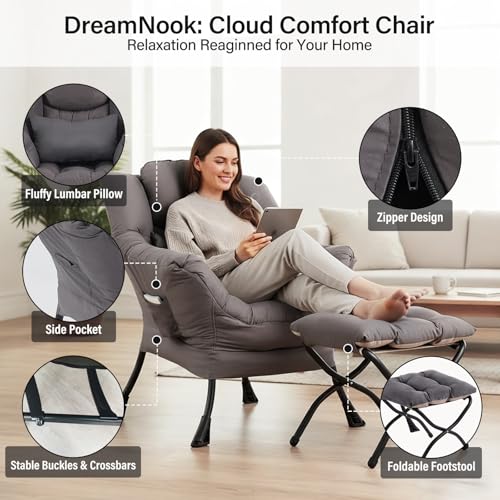 Modern Lazy Lounge Chair with Ottoman and Lumbar Pillow, Dark Grey