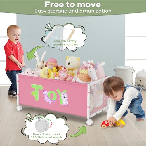 120L Extra Large Rolling Toy Box with Wheels and Handles, Pink