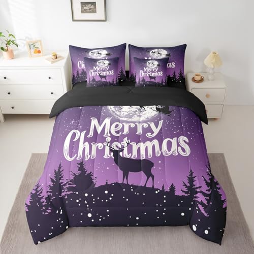 Merry Christmas 7-Piece Comforter Set Full - Erosebridal Deer Elk Bedding Purple