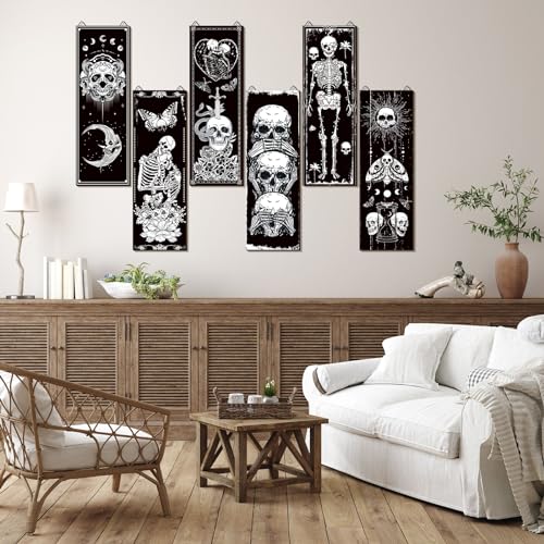 6-Piece Gothic Skull Wall Art Set, Wooden Boho Sun and Moon Decor