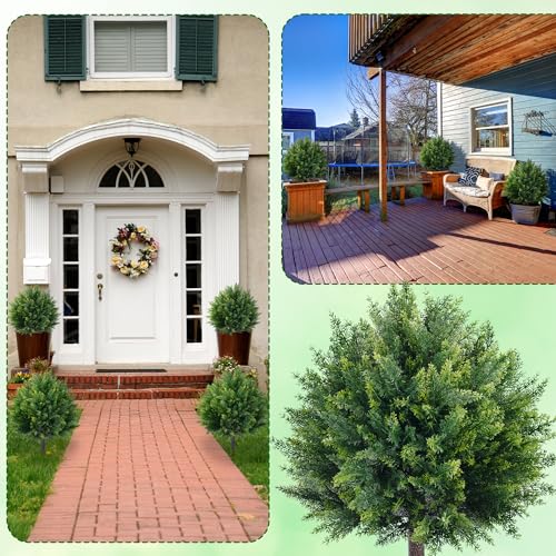 24.8-Inch Artificial Cedar Topiary Ball Trees - Set of 2 UV-Resistant Faux Cypress Bushes for Outdoor Patio and Garden Decor