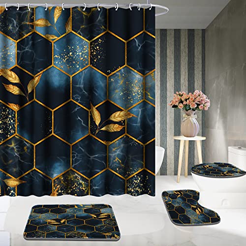4-Piece Honeycomb Marble Shower Curtain Set with Non-Slip Bath Mat Rugs