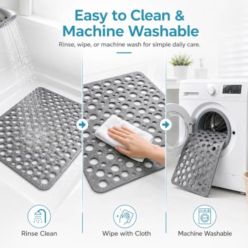 Non-Slip Shower Mat with Suction Cups, Washable Bathtub Mat - Grey 27.6x15"