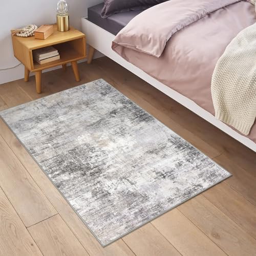 Small Abstract Area Rug 2x3 Ft - Washable Non-Slip Entryway Rug, Grey