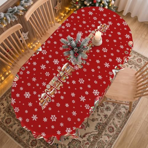 Christmas Gingerbread Red Oval Tablecloth 60 x 120 Inches Waterproof & Machine Washable - Holiday Dining Decor