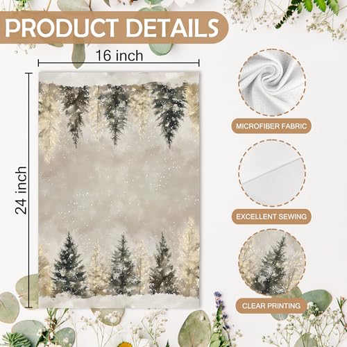 Snow Tree Kitchen Towels Set of 2 16x24 in - Rustic Beige Christmas Dish Hand Towels