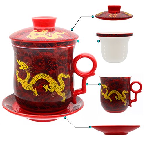 Tea Talent Dragon Red Waves Porcelain Tea Cup Set with Infuser & Saucer – Jingdezhen Chinese Teaware for Loose Leaf Brewing, 350ml
