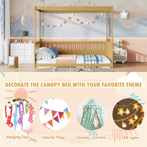 Full Size Montessori Floor Bed Frame with Canopy and Safety Guardrails