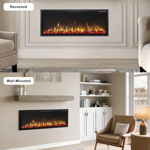 60-Inch Electric Fireplace Wall Mounted & Recessed with Heater and Remote