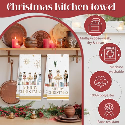GREOXG Nutcrackers Christmas Kitchen Towels Set of 2, Snowflake Xmas Tree Absorbent Hand Towels, Holiday Decor