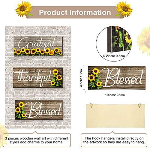 Farmhouse Sunflower Wooden Wall Art Signs, Thankful Grateful Blessed Plaques