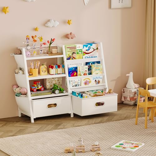 Kids Bookshelf and Toy Storage Organizer with 2 Bins, 3-Tier White Wood