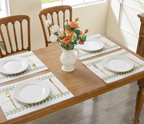 Wracra Embroidered Place Mats Set of 6 - Light Sage Green & Cream, 13x18 Inch