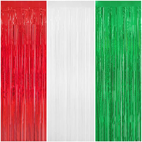 3-Pack Christmas Foil Fringe Curtain Backdrop 8x9.84 ft Red White Green