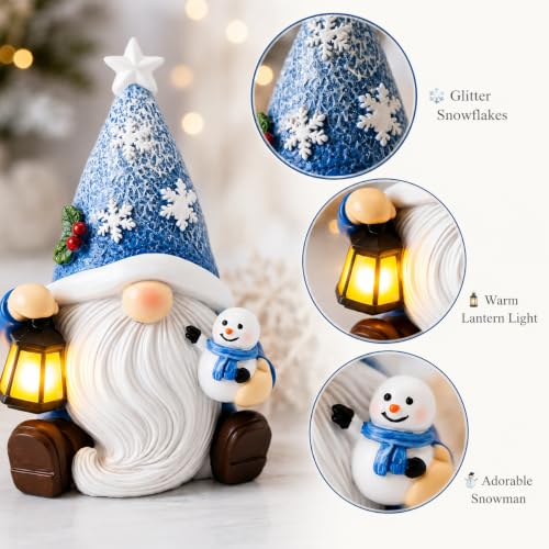 Blue Lighted Christmas Gnome Decor with Timer – Resin Snowman Figurine