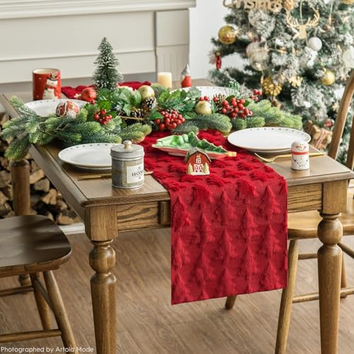 Artoid Mode Christmas Tree Table Runner 13x60 Inch Red Faux Plush Holiday Decor