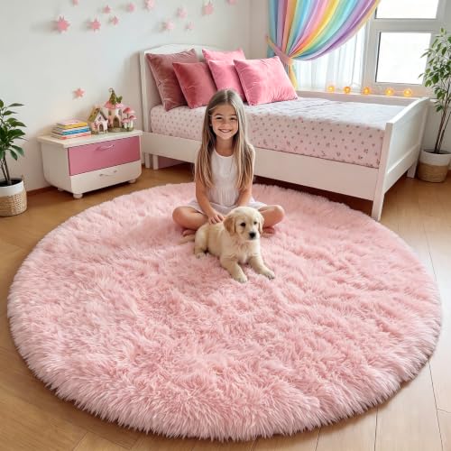 Soft Fluffy Round Area Rug (4ft) - Light Pink Non-Slip Plush Carpet