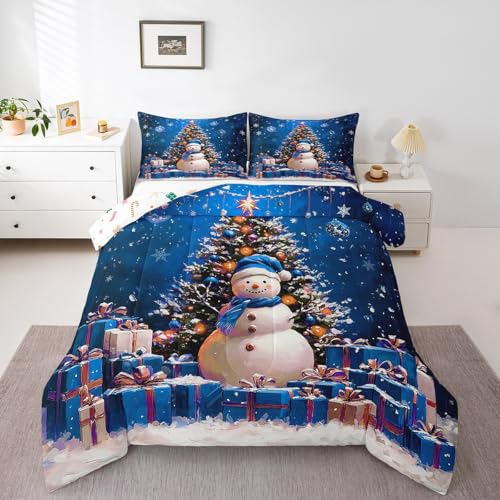 Christmas Tree Snowman Snowflake Kids Comforter Set Queen Size Blue Green White