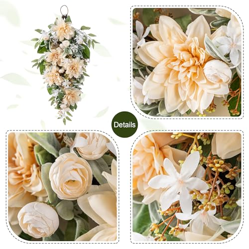 28-Inch Peach Dahlia Artificial Floral Teardrop Swag for Front Door