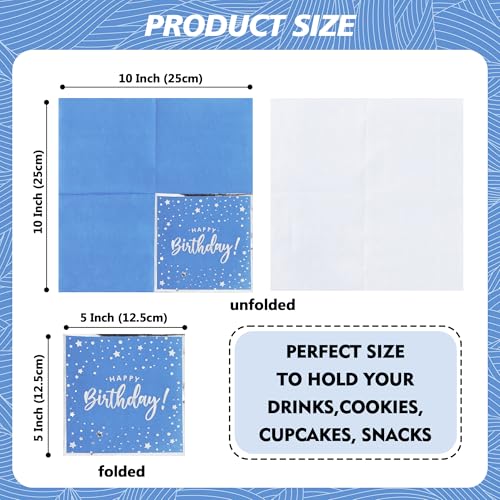 Vuzvuv Confetti HBD Blue 52 Pack Happy Birthday Cocktail Napkins 3-Ply, Silver Foil, 5" Folded, Party Supplies
