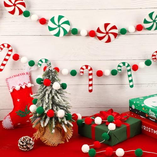 Jansun 3 Pack Christmas Felt Candy Cane Garland - Candy Themed Holiday Decor