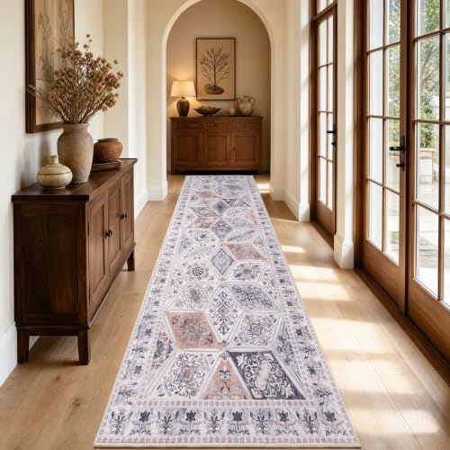 Qulint Boho Patchwork Moroccan Runner Rug 2x6 Feet Beige Grey & Blush Vintage Style