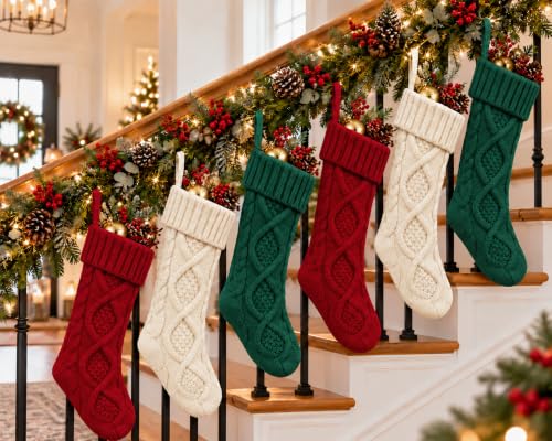 Fesciory 3 Pack 18in Cable Knit Christmas Stockings - Burgundy Ivory Green Set