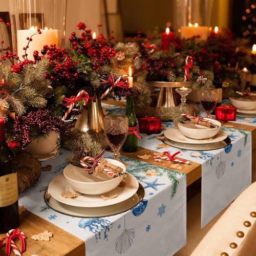 Dodgerblue 13 x 120 inch Blue Coastal Christmas Table Runner - Cotton-Linen Blend