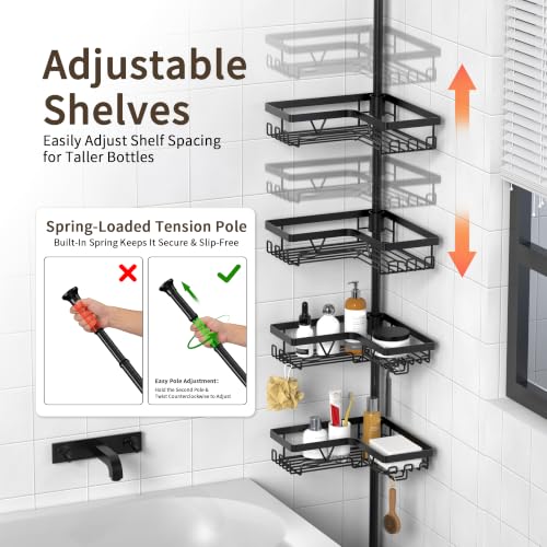 Corner Shower Caddy Tension Pole 4-Tier Adjustable Bathroom Organizer