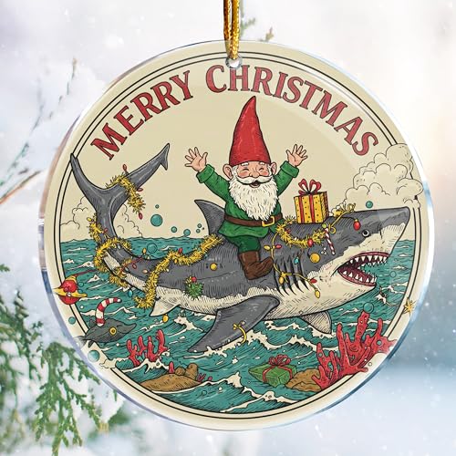 ROCI Gnome Ride Shark Christmas Ornament - Funny Ocean Beach Gnome Decor