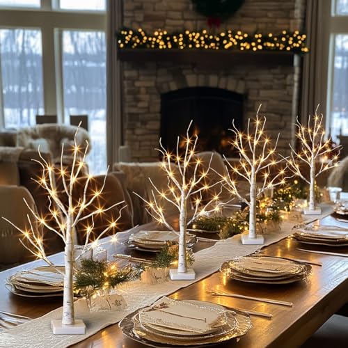 PABIPABI 4-Light LED Birch Trees with Timer Battery-Powered Christmas Decor