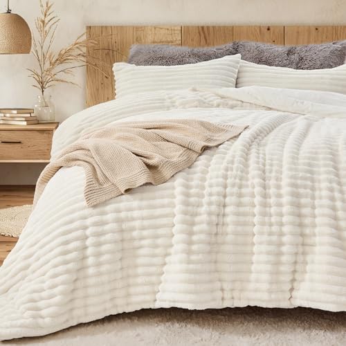 Fluffy Queen Comforter Set, 3-Piece Soft Faux Fur Fleece Bedding, Cream White