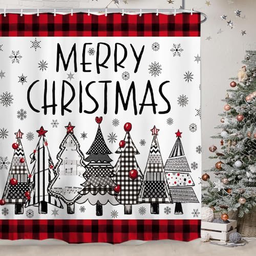 Baccessor Merry Christmas Tree Shower Curtain 72x72 in, Red Buffalo Plaid Snowy Trees Waterproof