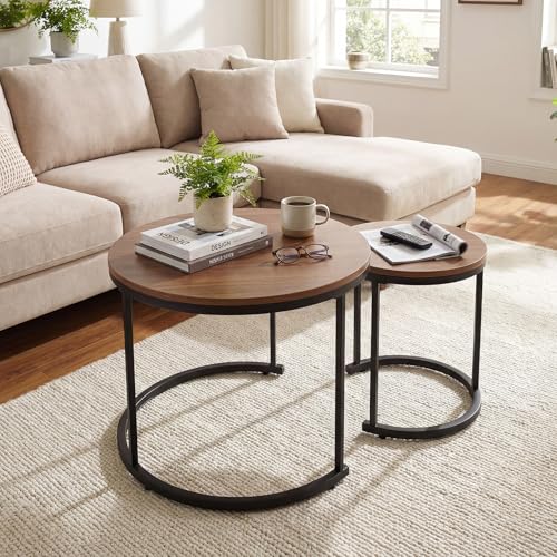 Nesting Coffee Table Set of 2, Round Wooden Stacking End Tables