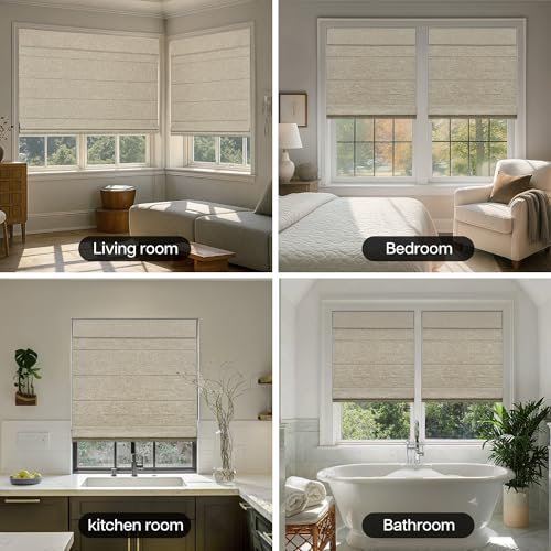 Cordless Blackout Roman Shades, 34.5" W x 60" H, Beige - No Drill, UV Blocking