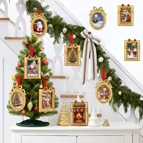 Leinuosen 8 Pcs Mini Vintage Picture Frames Set - Gold Bow Ornament Frames, Rect & Oval, for Christmas Tree (Gold/Rectangular + Oval1)