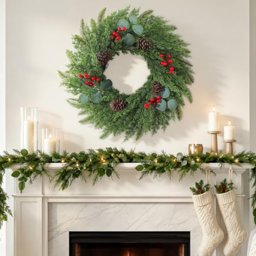 1 Pc 24-Inch Artificial Christmas Wreath with Lights for Front Door - Holiday Decor