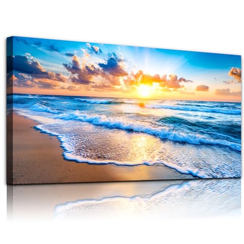 Beach Sunset Canvas Wall Art, Coastal Ocean Waves Print 40x20 Inch