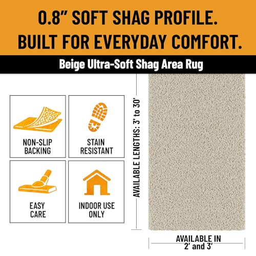 2x6 Shaggy Runner Rug - Soft Cream Non-Slip Carpet for Hallways & Entryway