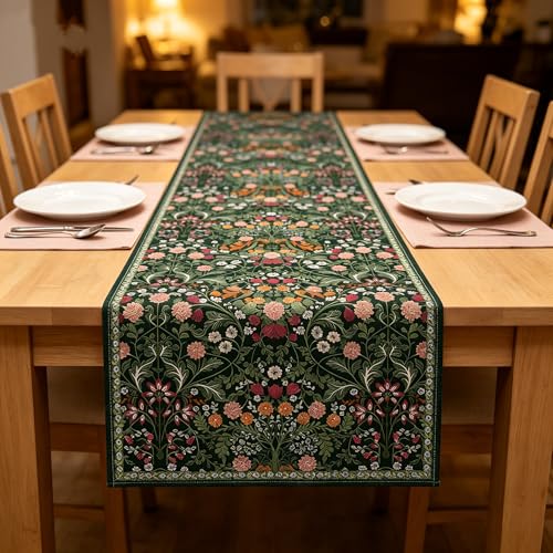 OYIMUA Blossoms Chenille Waterproof Table Runner 13x72 inches for Dining & Decor, Dark Green Floral Summer Rustic
