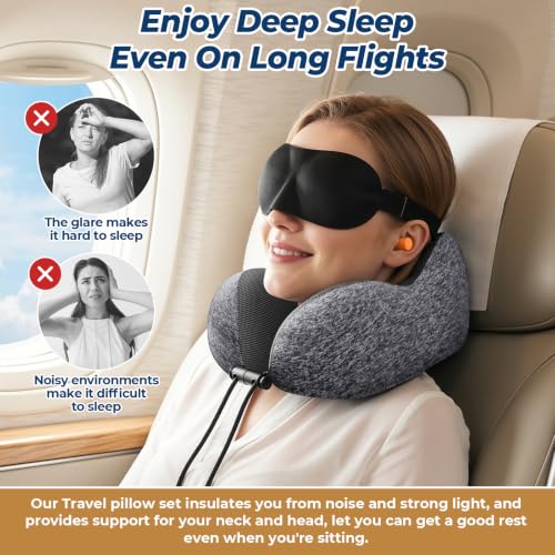 ExploreBliss Memory Foam Travel Neck Pillow Set with Eye Mask & Earplugs - Grey