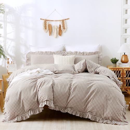 Tan Gingham Ruffle Duvet Cover Set - Queen 100% Washed Cotton Bedding