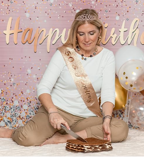 50th Birthday Decorations for Women - Rose Gold Sash and Rhinestone Crown Kit