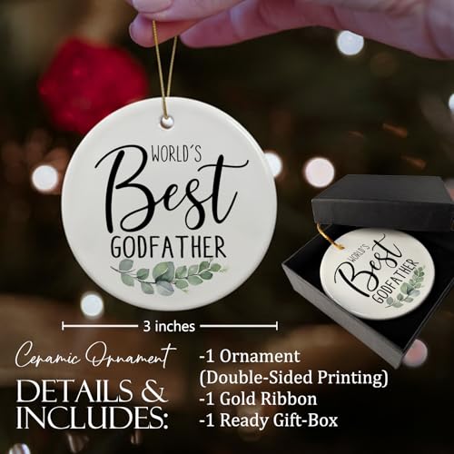 Dimurela Leaf Godfather Christmas Ornament - 3in Ceramic Keepsake, Rustic Thank You Gift
