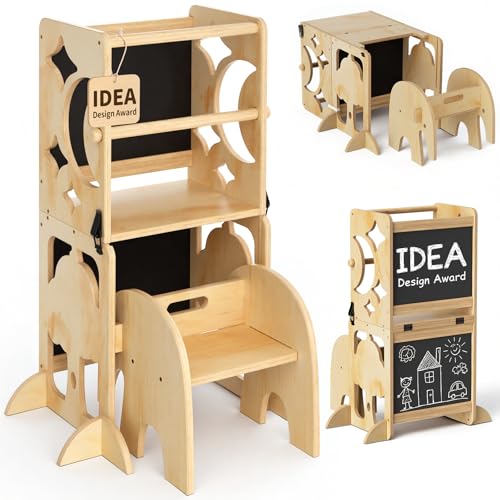 4-in-1 Toddler Kitchen Stool Helper with Blackboard and Detachable Chair