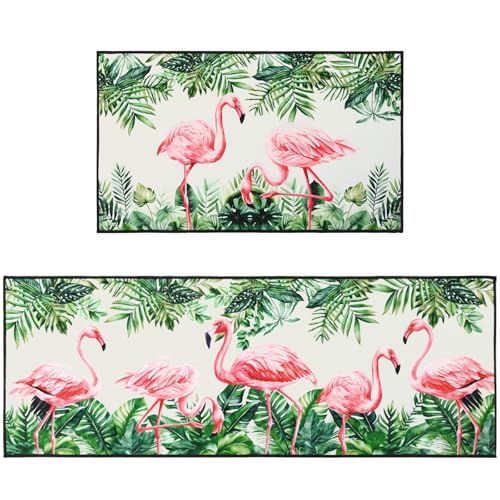 2-Piece Flamingo Kitchen Rug and Mat Set, Non-Slip Washable Floor Mats